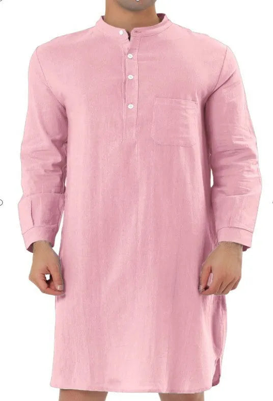 A man's long-sleeve cotton shirt robe in a light blue colour, showing a button front and chest pocket.