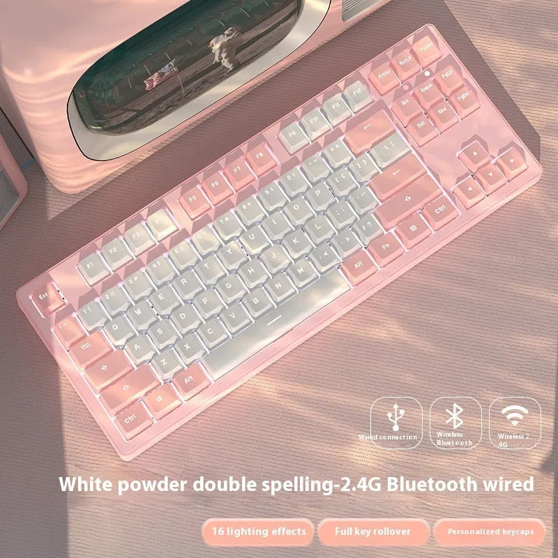 Wireless mechanical keyboard with three connection modes, shown in a choice of 87-key or 108-key layouts and various colour themes.