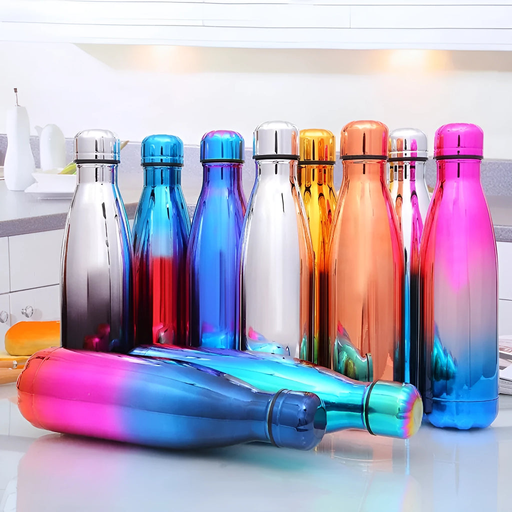 500ml stainless steel vacuum flask with silver finish, double wall insulation, screw cap, suitable for hot and cold drinks