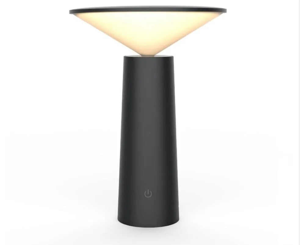 Black USB LED table lamp with touch controls and adjustable 40-degree lamp head on wooden surface