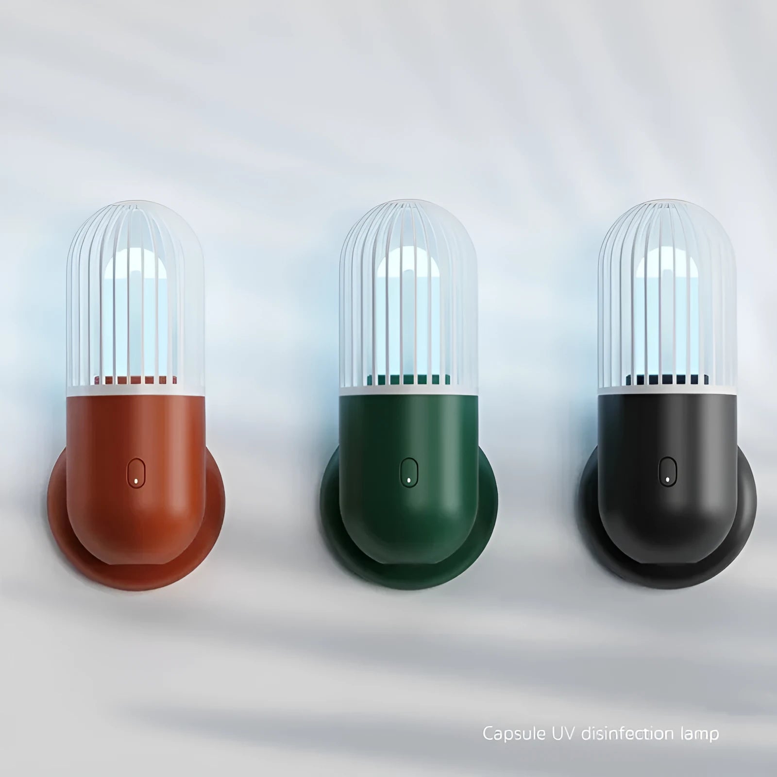 Portable capsule ultraviolet disinfection lamp in black, brown, green or white with dimensions 52x52x136mm