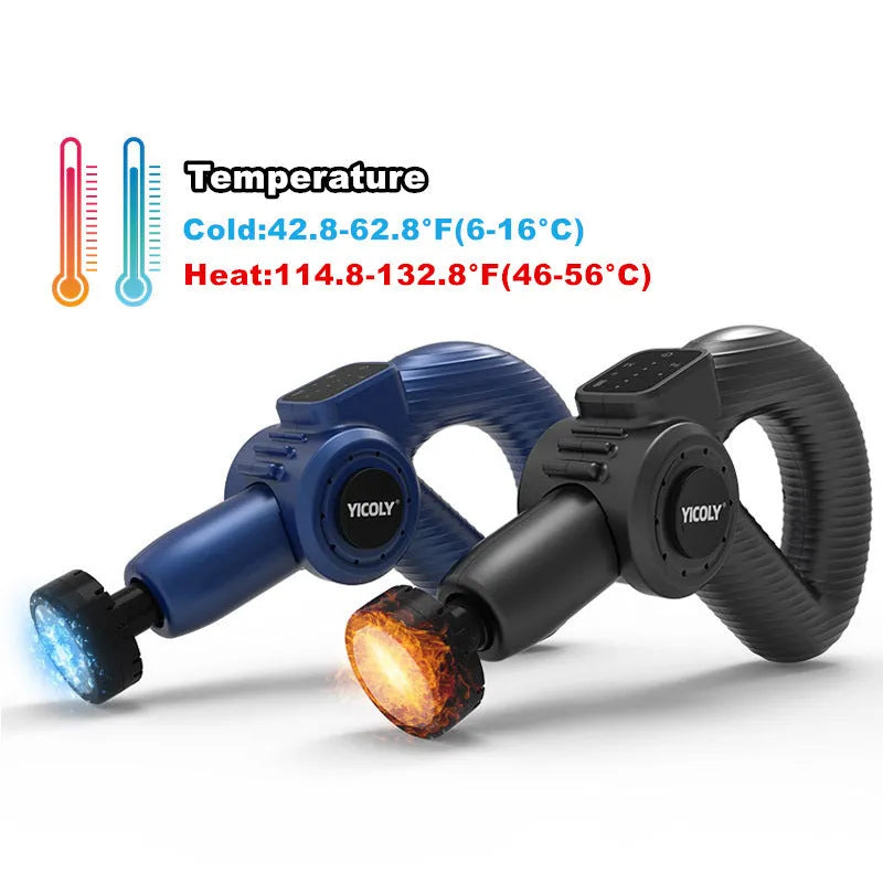 Black smart muscle massage gun with adjustable head, five attached massage heads, and carry bag.
