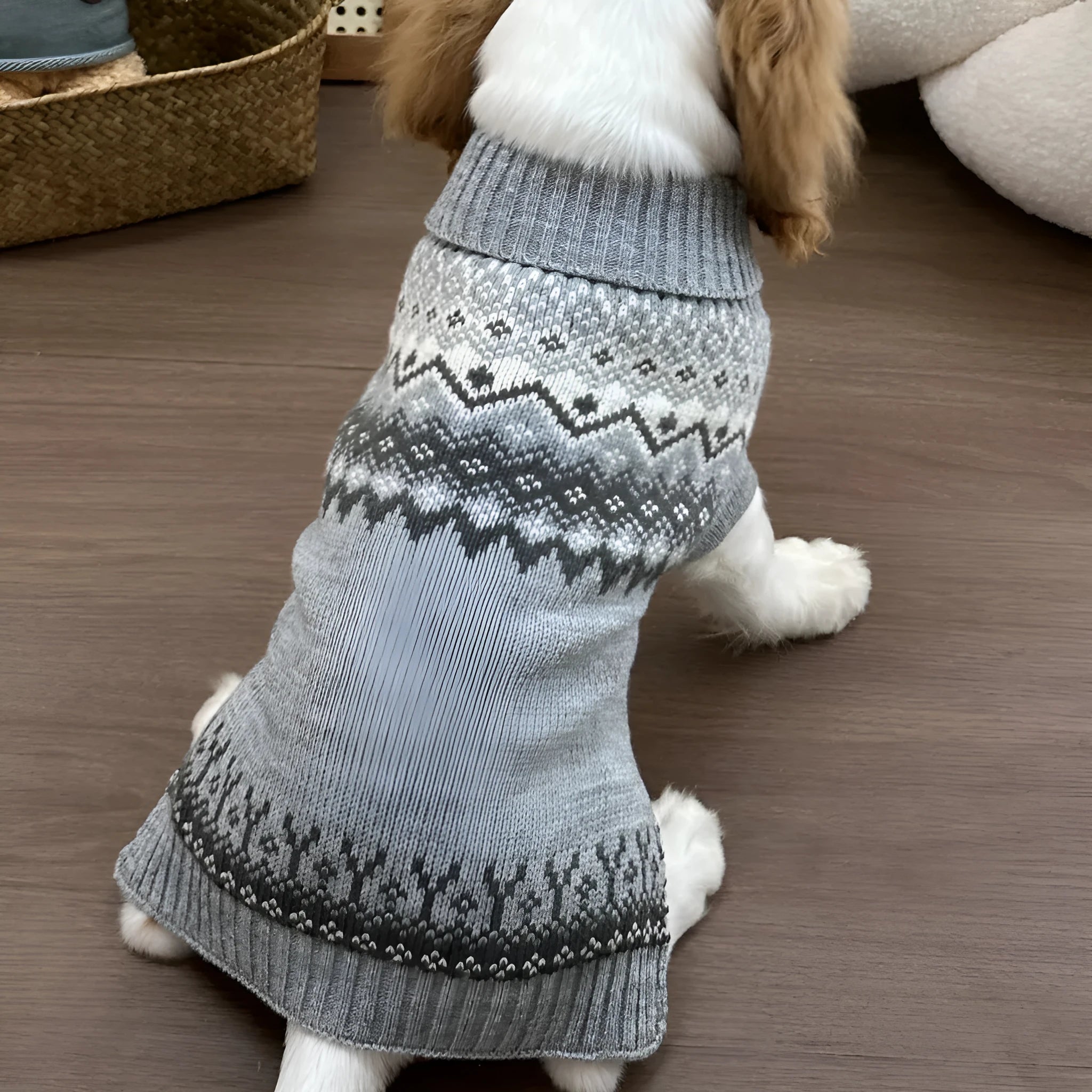 Grey Fair Isle pattern polyester sweater for small dogs on a white background