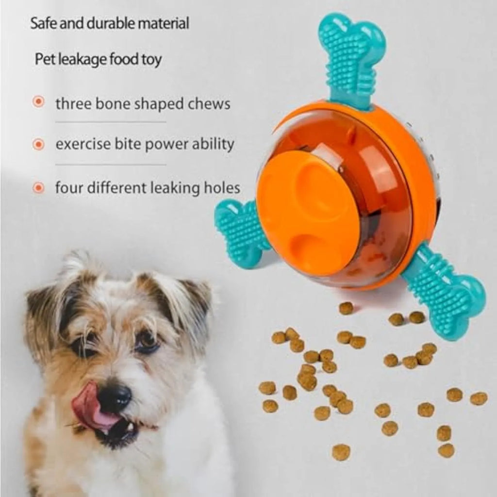 Blue interactive dog slow feeder toy with rubber bones for puppies and small medium dogs.