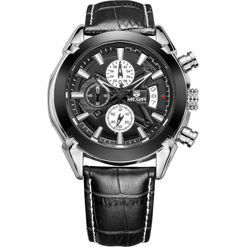 Men's quartz watch with three subdials, luminous hands, waterproof construction in black or brown colour options