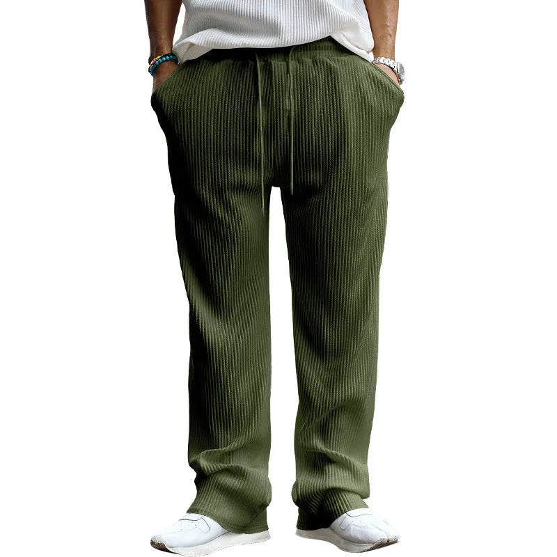 Men's casual loose fit high waist straight leg trousers in polyester fibre with micro elasticity