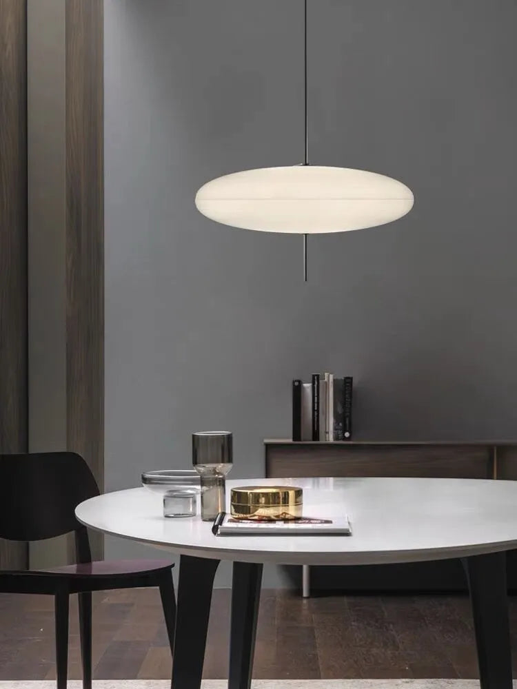 Nordic modern retro UFO pendant chandelier light fitting in a black and white colour scheme.