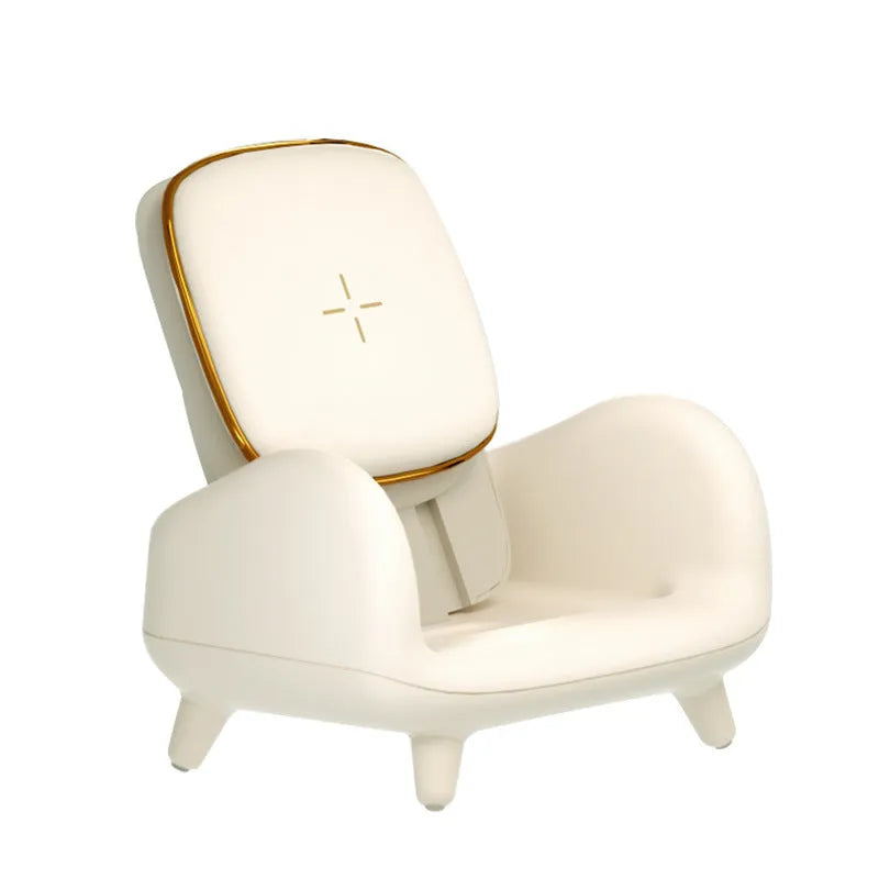 White compact wireless fast charger on a sofa, measuring 98mm by 95mm by 115mm, with USB interface