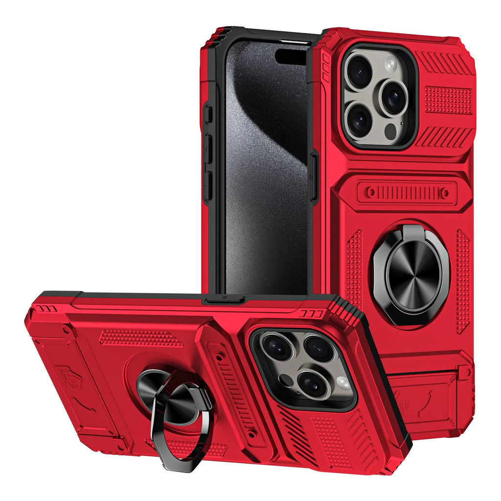 Black TPU PC metal phone case with hidden card slot and magnetic bracket for iPhone 15 Pro Max