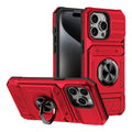 Black TPU PC metal phone case with hidden card slot and magnetic bracket for iPhone 15 Pro Max