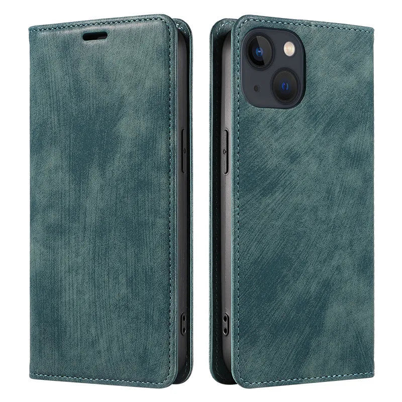 Magnetic flip phone case for iPhone in multiple colours, showing TPU body and leather cover.