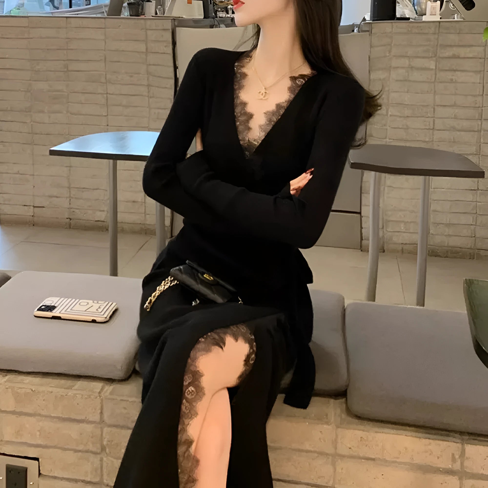 Black women's slim fit wool skirt with princess dress style elegant lines