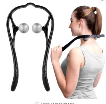 Blue plastic neck massager with hand roller and bracket for pressure point therapy on neck and shoulders