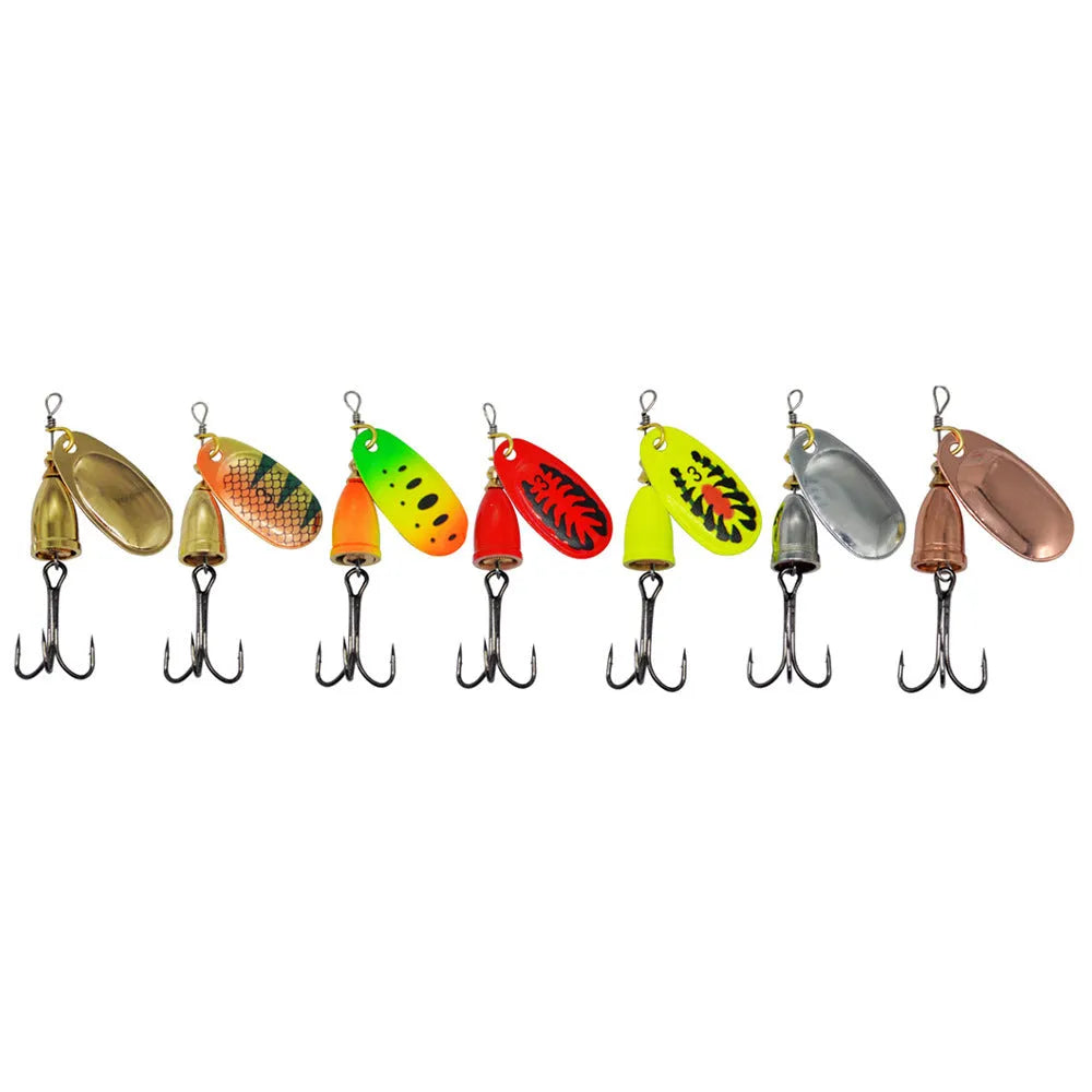 R composite rotating sequins copper bell fishing lure in seven colour options including gold, silver, and rose gold