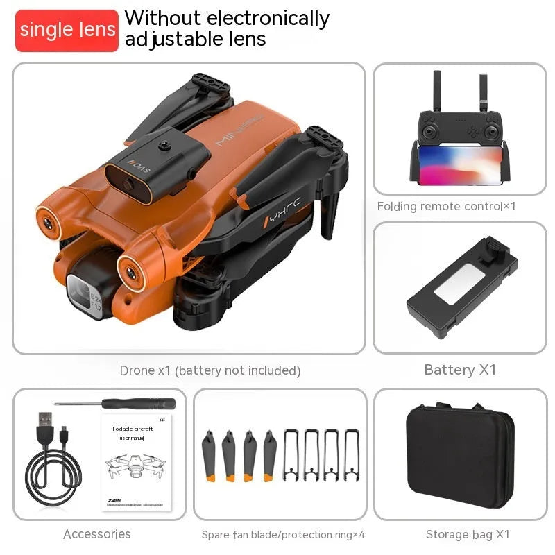 P12 Black and Orange quadcopter drones with HD cameras showing folded and unfolded positions