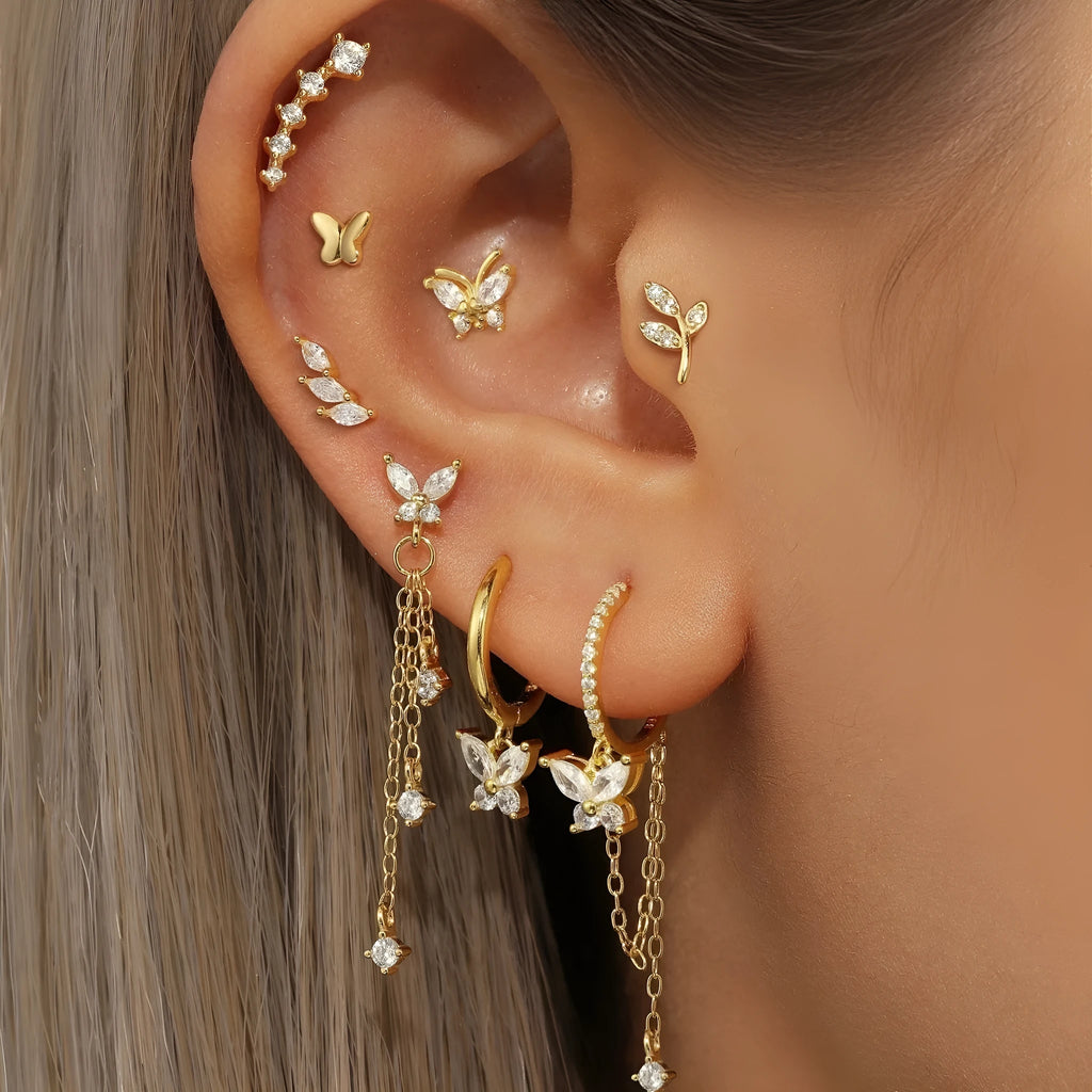Gold and white copper inlaid zircon butterfly chain tassel ear bone stud eight-piece earring set for women
