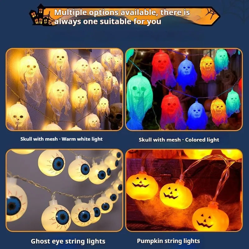 Halloween battery-powered coloured LED string lights on a plastic spool with battery box, options for 1.5m or 2.5m length.