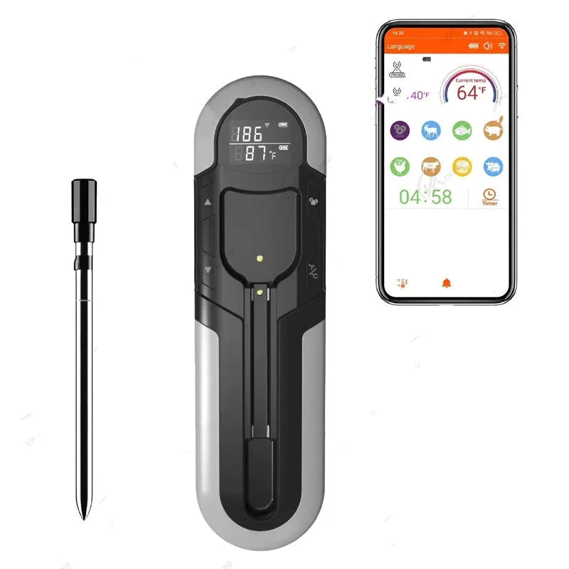 Bluetooth barbecue thermometer in blue with magnetic back and temperature display
