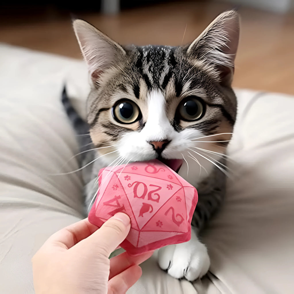 Blue dice-shaped plush cat toy with organic catnip filling for role playing games