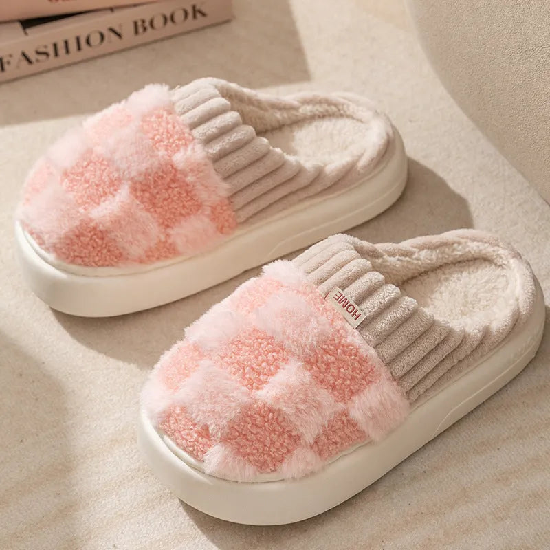Plaid pattern women's plush slippers with round toe and non-slip sole in multiple colours