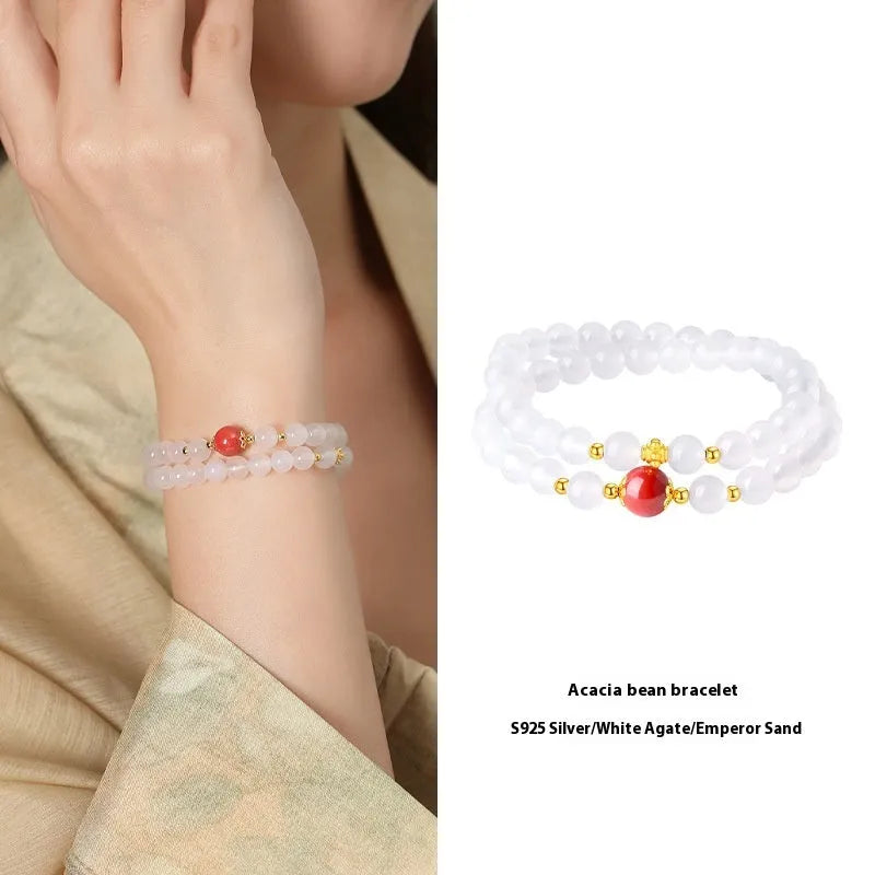 Women's double-layer white agate polished bracelet with 6mm geometric beads in national style