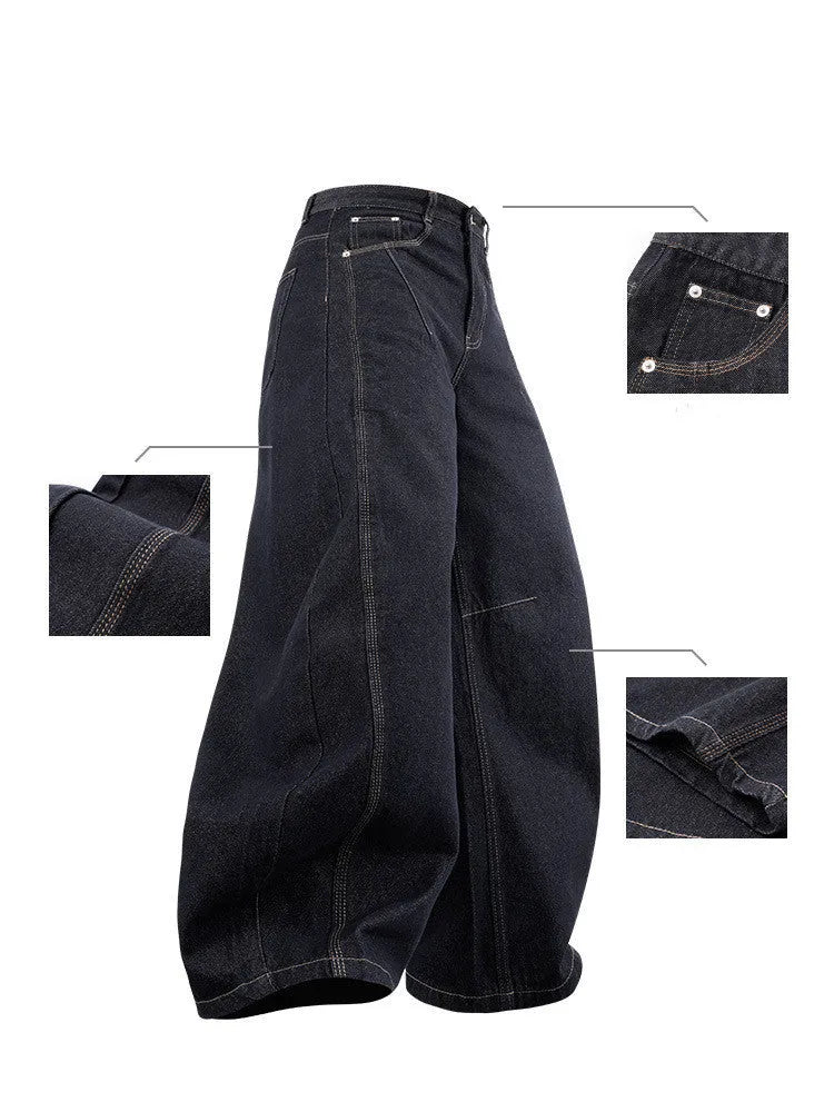 Men's wide leg denim trousers in original cow colour, showing relaxed fit and mid waist design