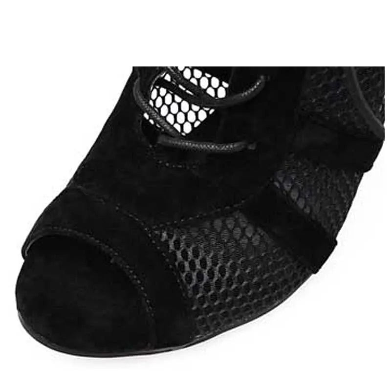 Black suede women's lace-up high heel shoes with an 11.5cm heel on a white background