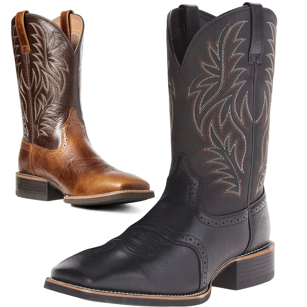 Men's black and brown western cowboy boots with detailed embroidery on a square toe and a high shaft.