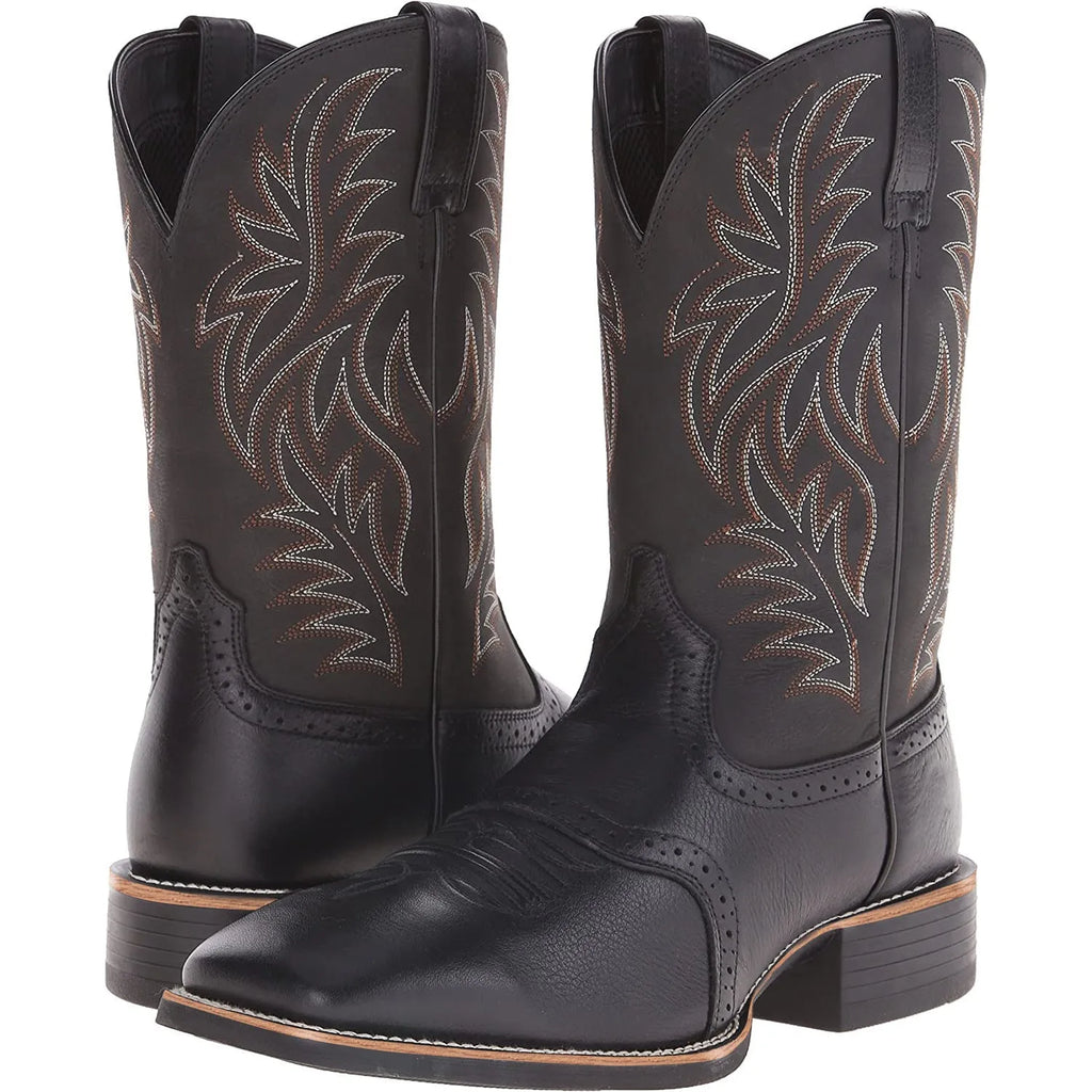 Men's black and brown western cowboy boots with detailed embroidery on a square toe and a high shaft.