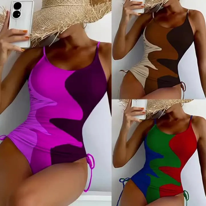 Blue women's sleeveless backless one-piece swimsuit with a striped print, made from polyester and nylon fabric.