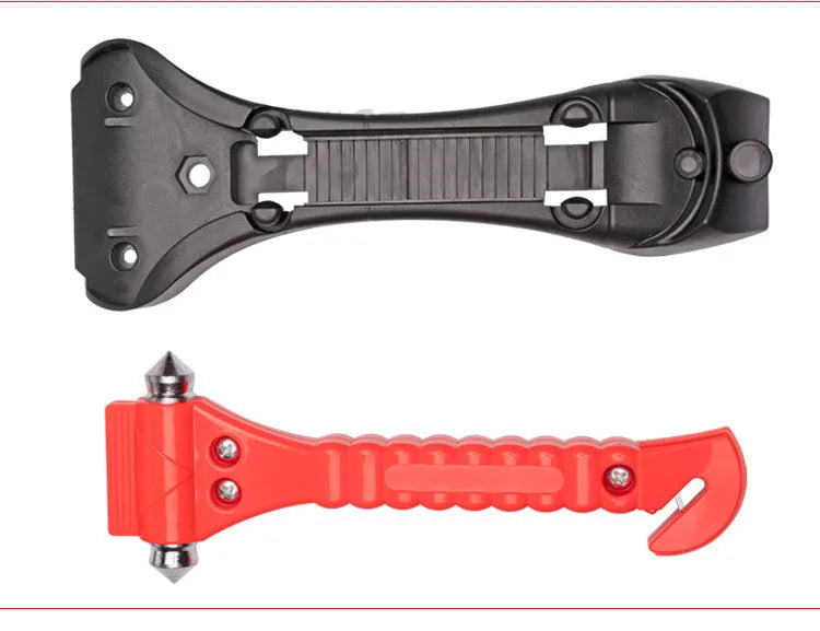 Red ABS carbon steel two-in-one car life hammer with window breaker tip and seatbelt cutter