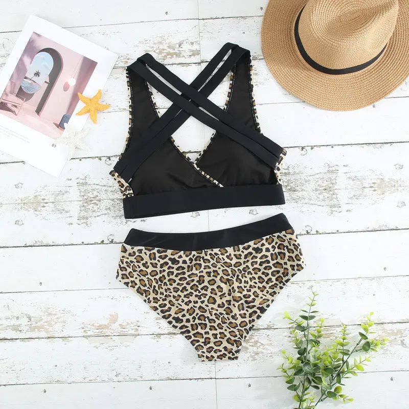 Women's leopard print bikini set with V-neck top, cross back design and split bottom briefs