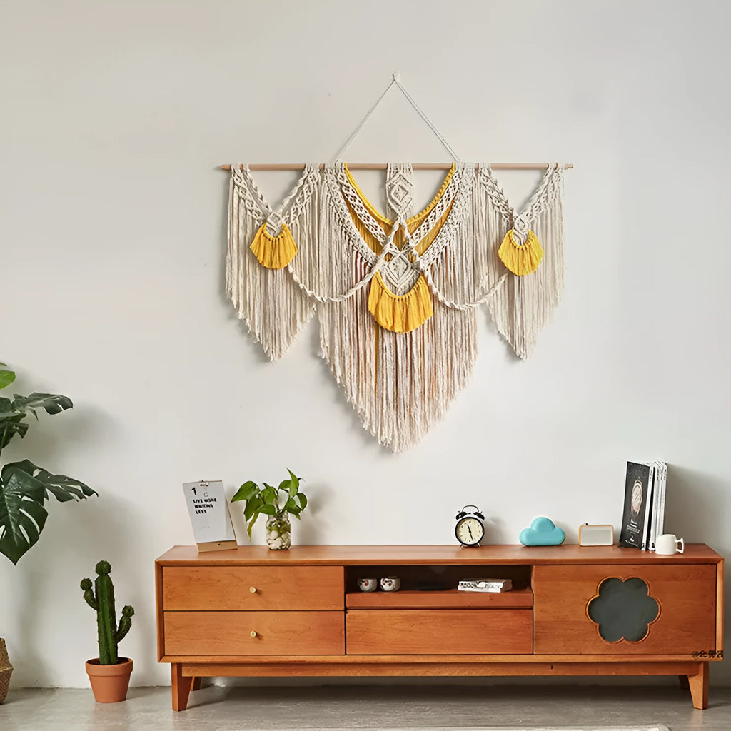 Nordic style creamy white cotton wall tapestry with hand-made weaving texture