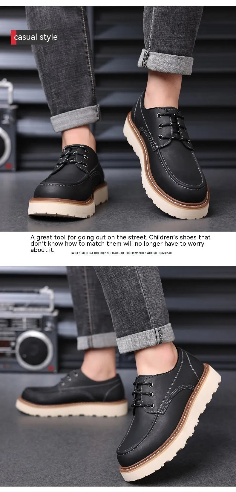 Men's black retro Martin low-top boots with round toe and rubber sole