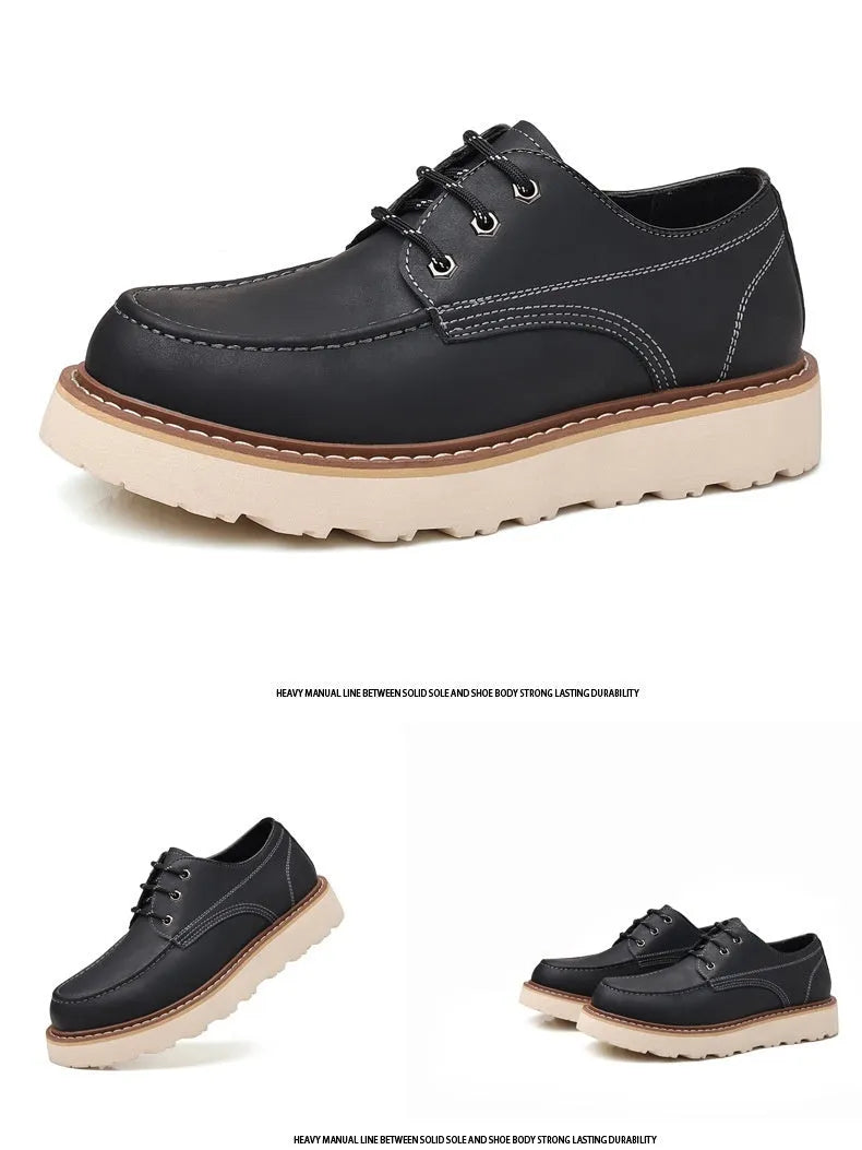 Men's black retro Martin low-top boots with round toe and rubber sole