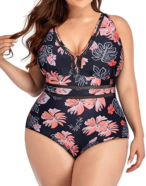 Black printed plus size women's bikini swimsuit with mesh fabric stitching detail