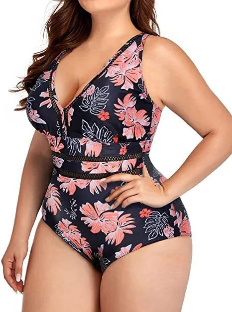 Black printed plus size women's bikini swimsuit with mesh fabric stitching detail