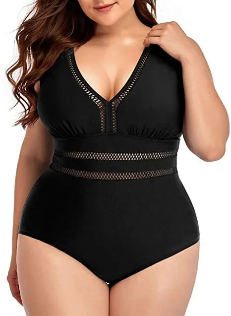 Black printed plus size women's bikini swimsuit with mesh fabric stitching detail