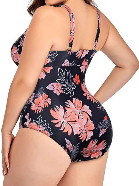 Black printed plus size women's bikini swimsuit with mesh fabric stitching detail