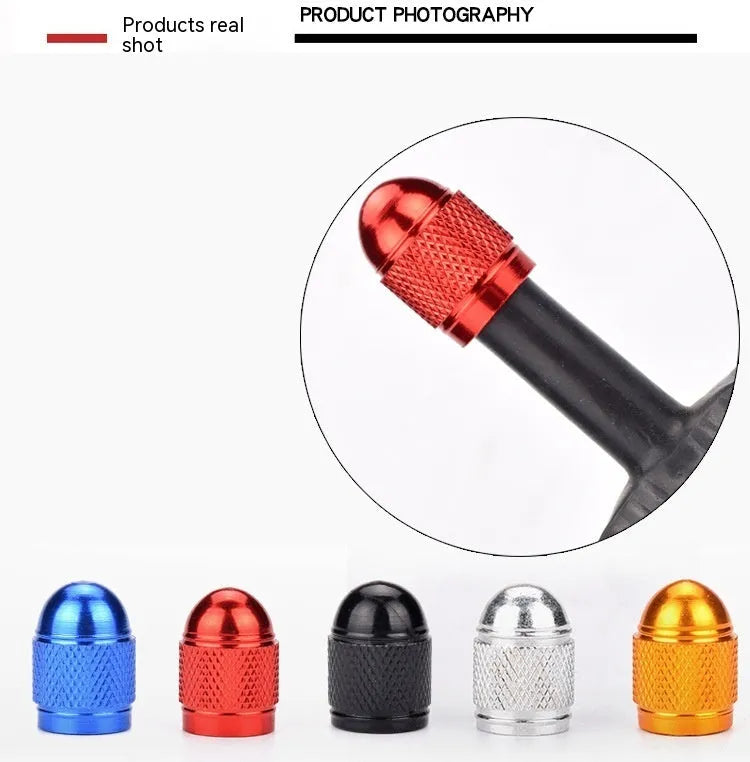 Aluminium mountain bike tyre valve dust cap in five colour options: black, blue, gold, red, silver.