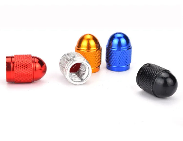 Aluminium mountain bike tyre valve dust cap in five colour options: black, blue, gold, red, silver.