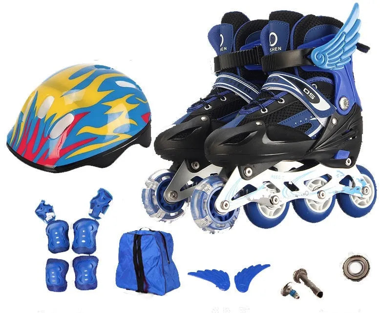 Children's adjustable roller skates with aluminium frame and protective gear including helmet, pads, and backpack