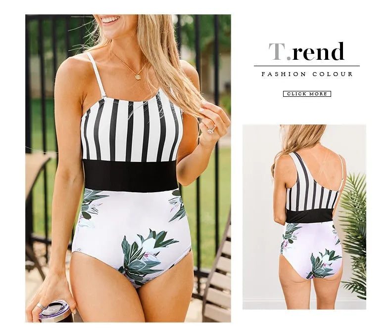 Leopard print women's one-piece swimsuit with an asymmetric collar and high-waisted brief.
