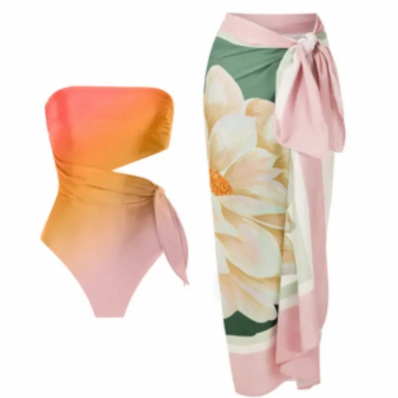 Women's French retro printed one-piece swimsuit with quick-drying polyester fabric