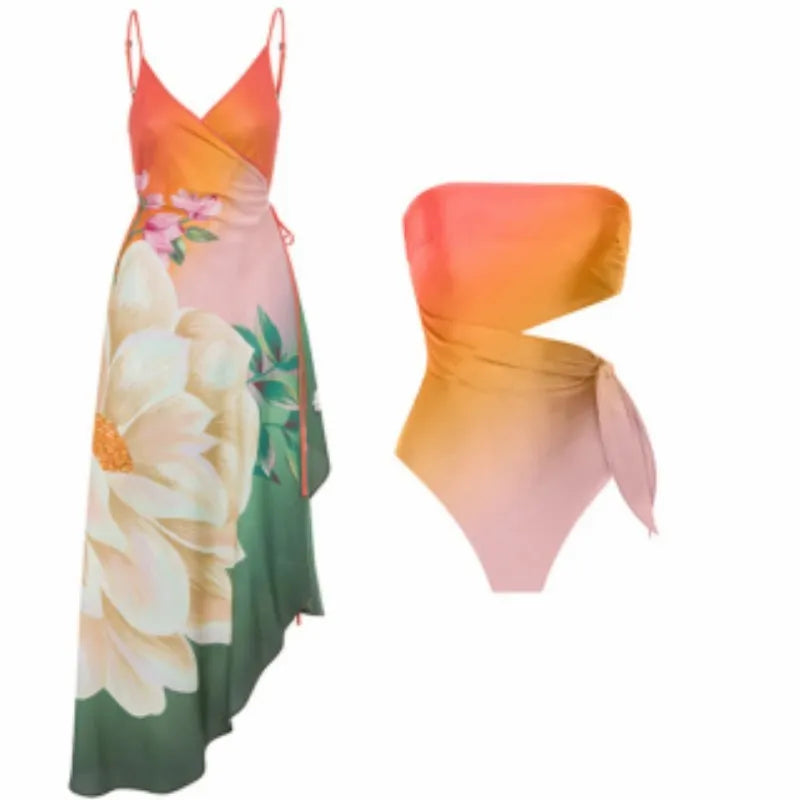 Women's French retro printed one-piece swimsuit with quick-drying polyester fabric
