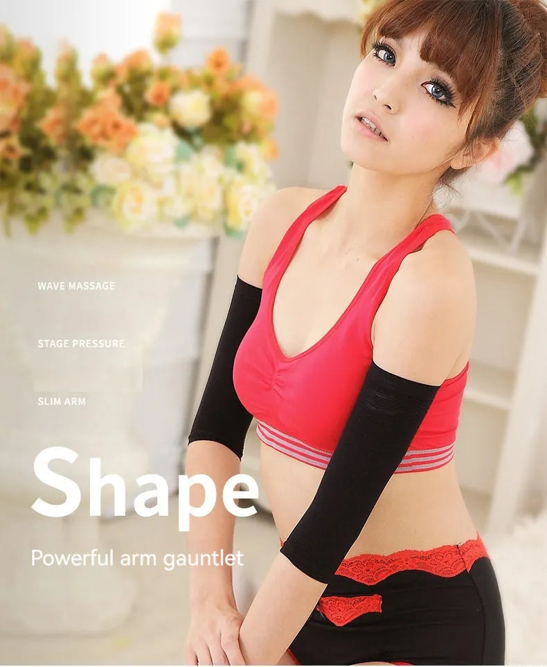 Women's black and skin-tone shaping arm sleeves made from nylon fabric, free size.