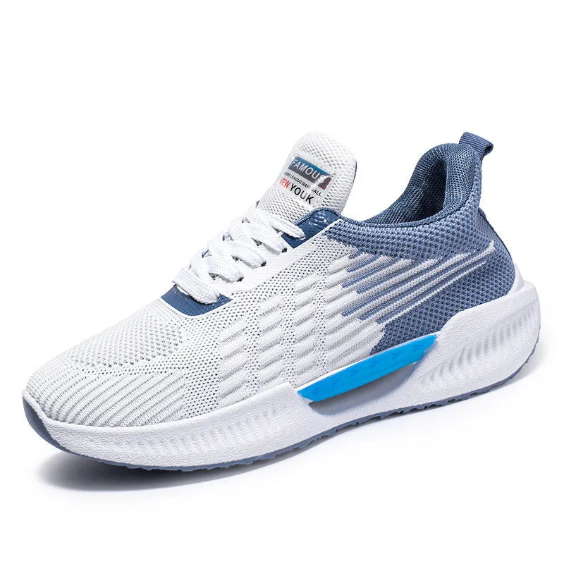Men's blue casual mesh shoes with cloth upper and plastic sole on a white background.