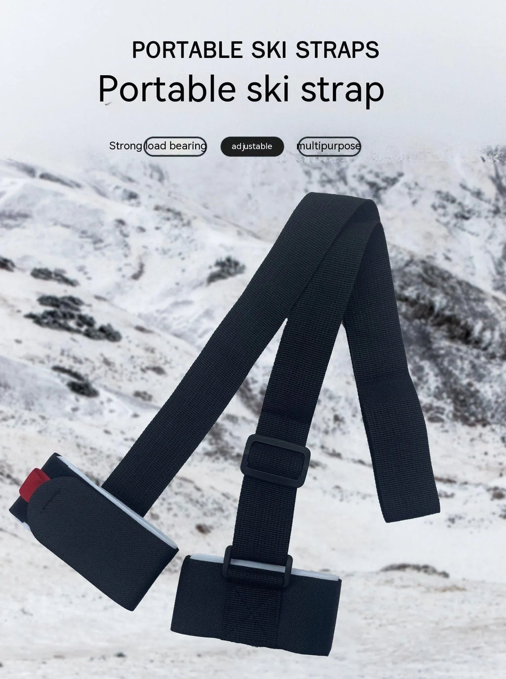 Adjustable skiing bandage shoulder strap with hook and loop fastening for ski equipment transport