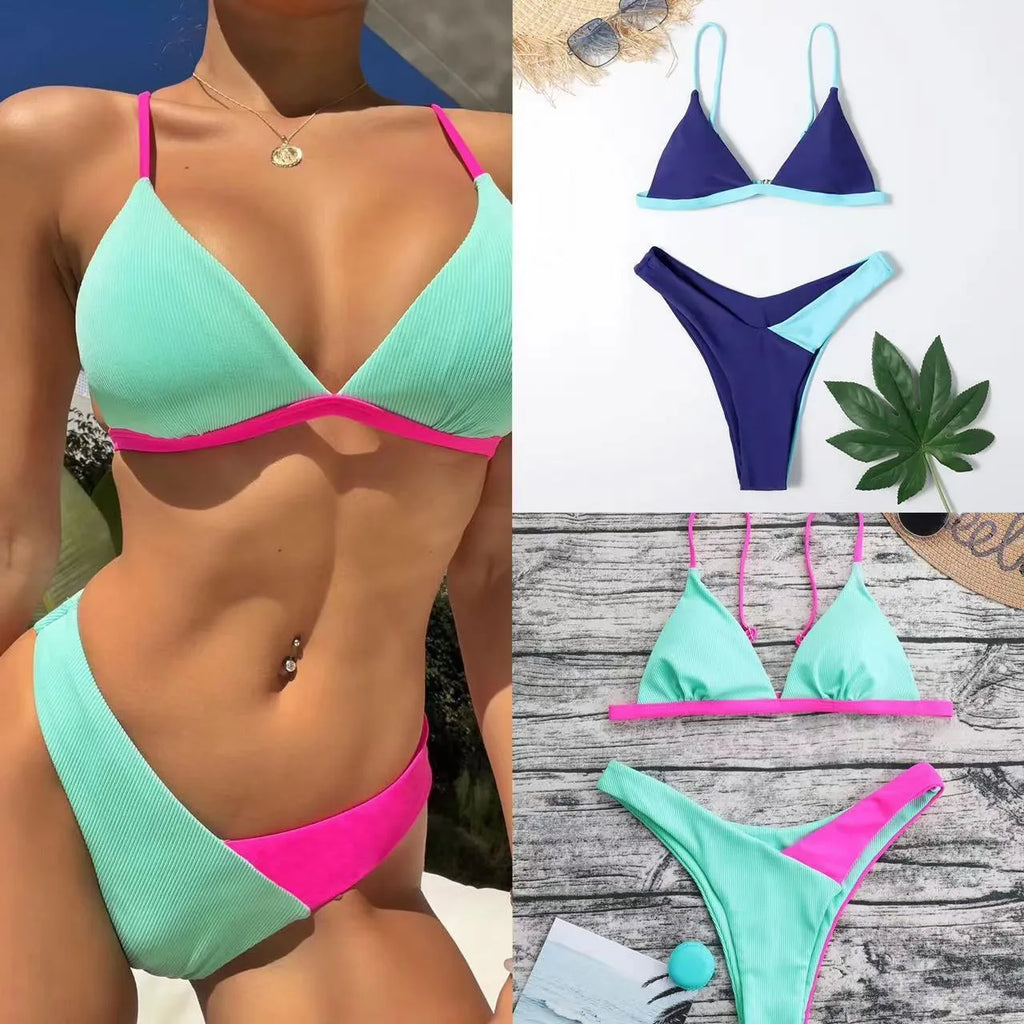 Patterned women's nylon swimsuit set with bra and panties in European style
