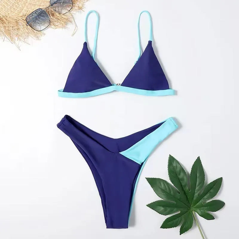 Patterned women's nylon swimsuit set with bra and panties in European style